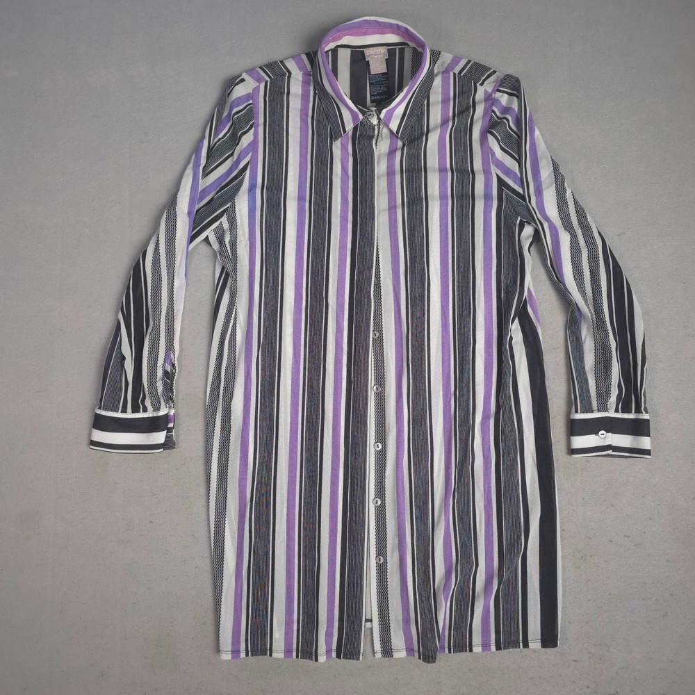 Chicos Traveler Collection Striped Button Up Shirt Purple Black White Size 2